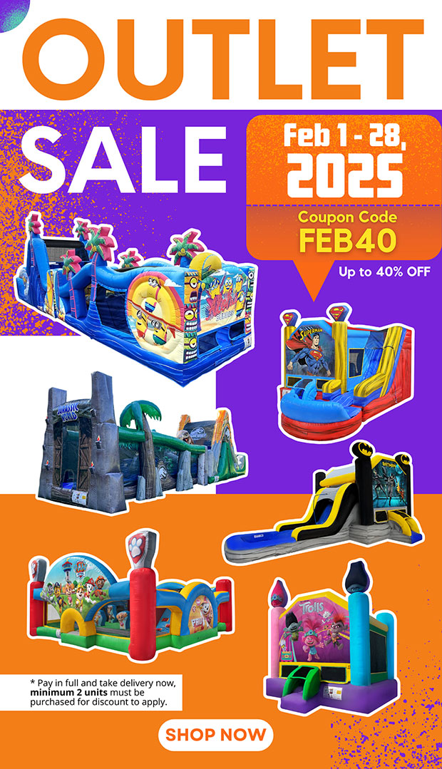 OUTLET SALE - use coupon code FEB40 - for up to 40% off MSRP on specific in stock inflatables with a minimum purchase of 2 units and $4,000